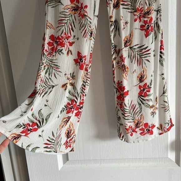 White floral linen pants elastic waist & pockets size medium red & orange - Picture 5 of 13